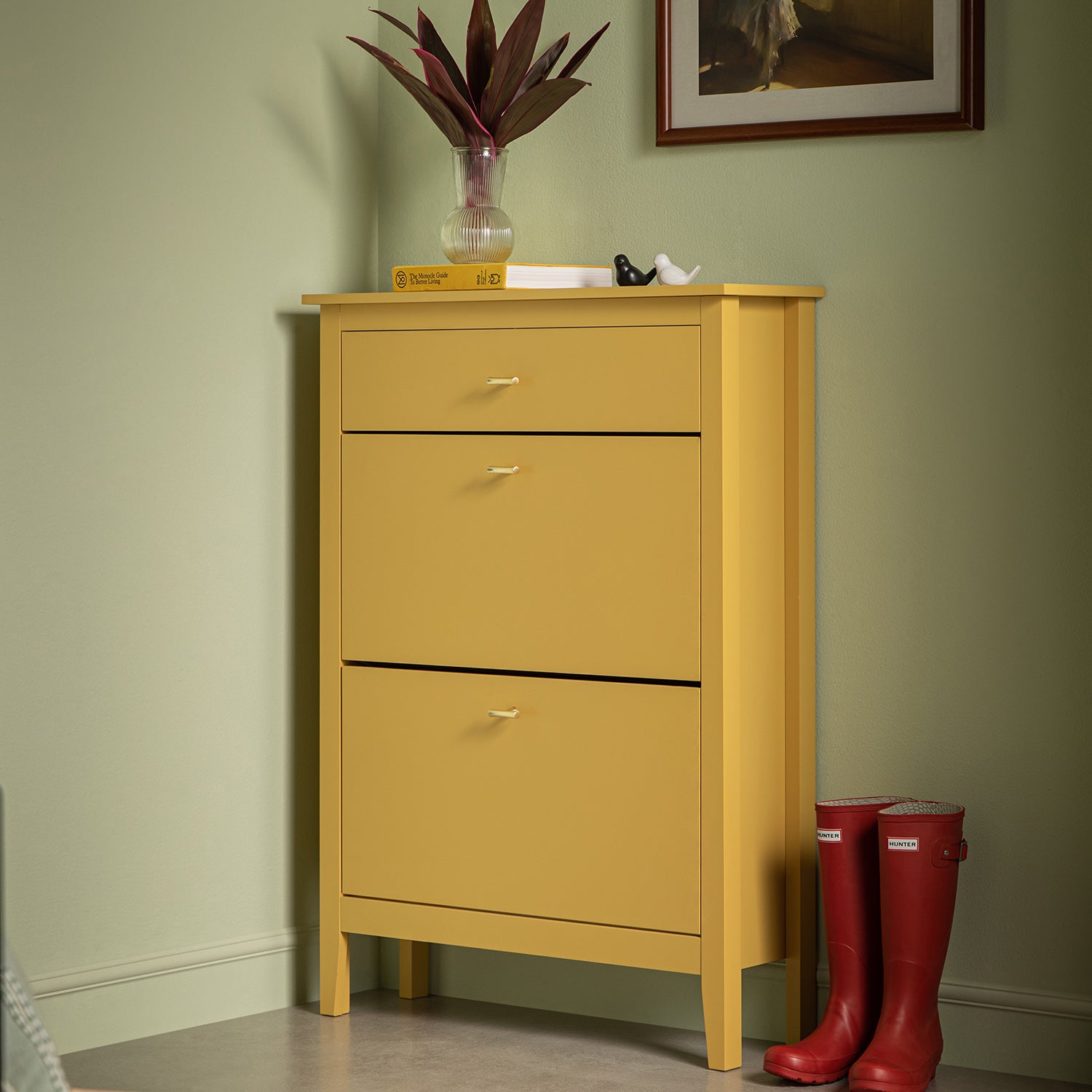 Oakham 2-Tier Shoe Cabinet with Top Drawer, Rattan Yellow
