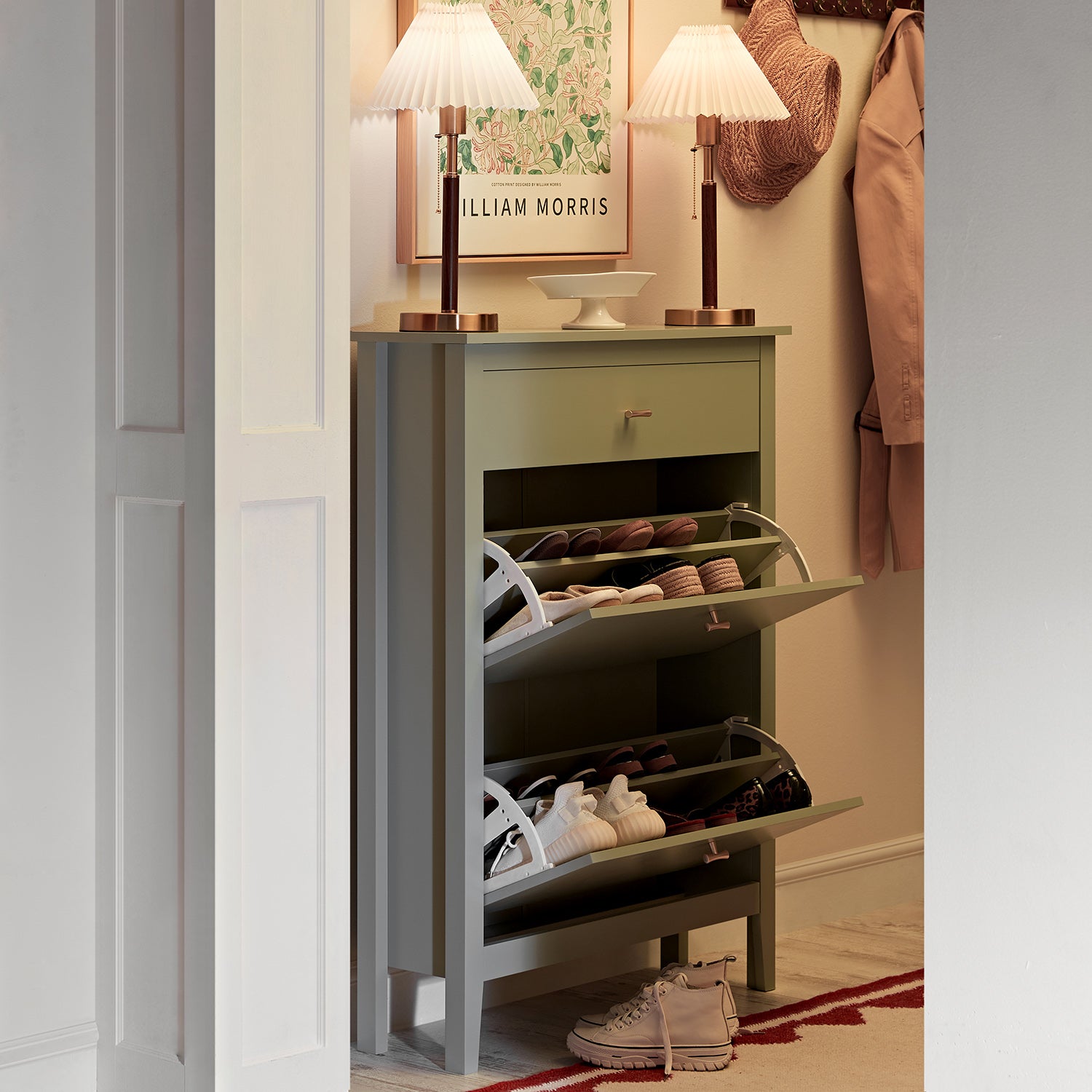 Oakham 2-Tier Shoe Cabinet with Top Drawer, Desert Sage