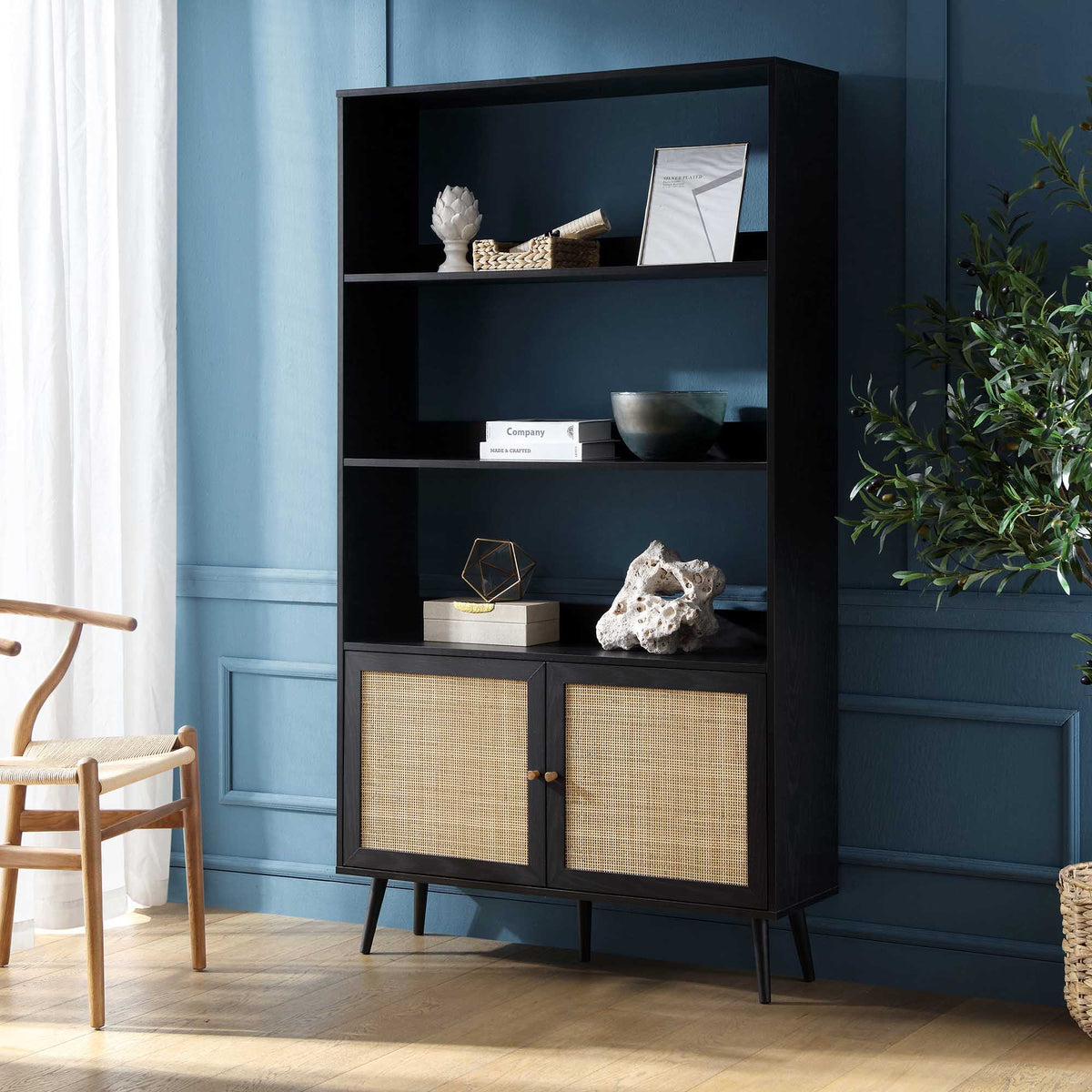 Bookcase Drawers Rattan Frances Woven Rattan Bookcase with Doors, Black | daals