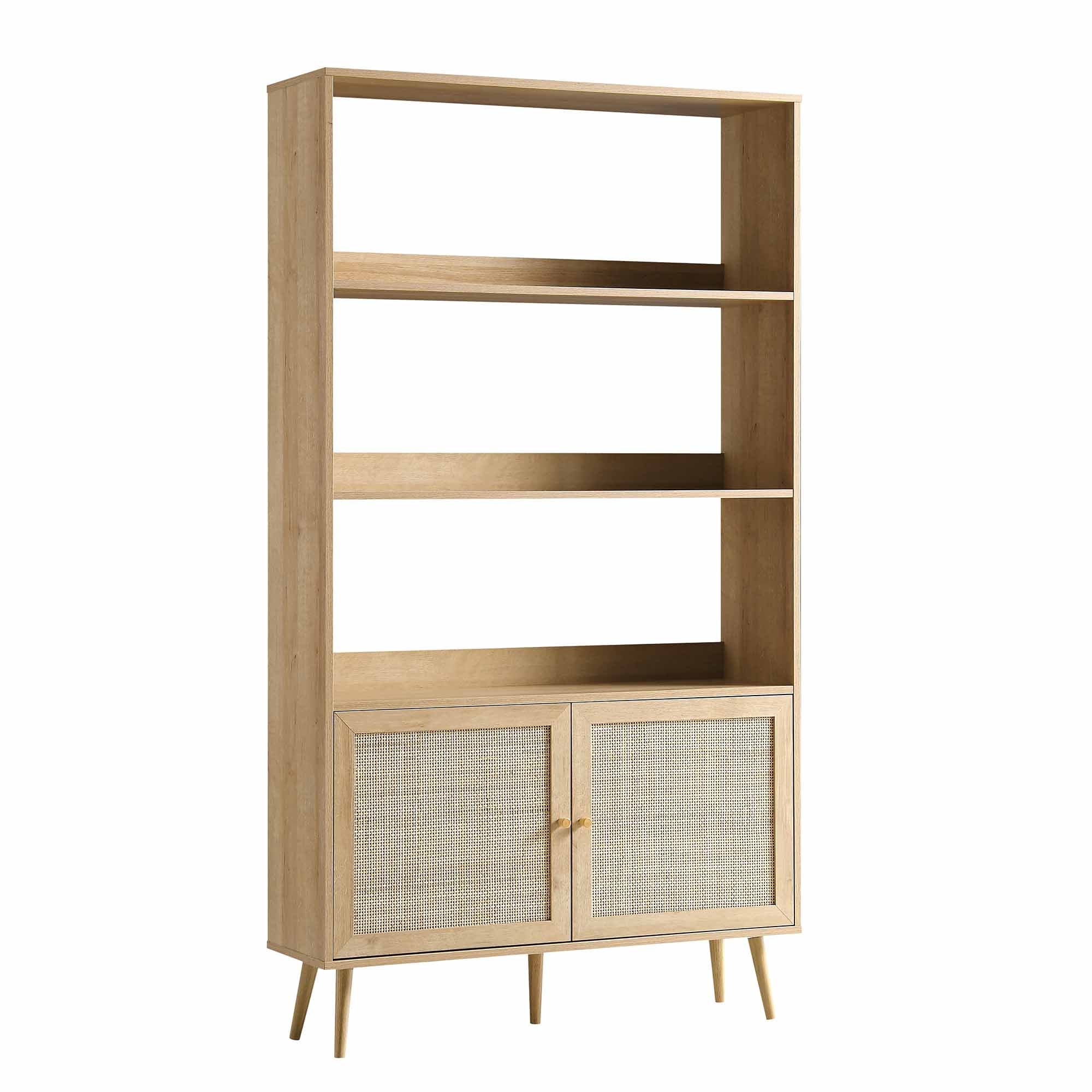 Frances Woven Rattan Tall Bookcase with Doors, Natural