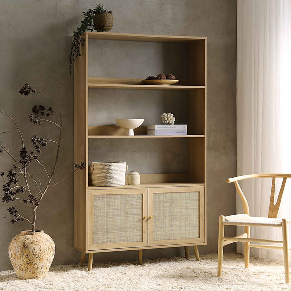 Frances Woven Rattan Tall Bookcase with Doors, Natural