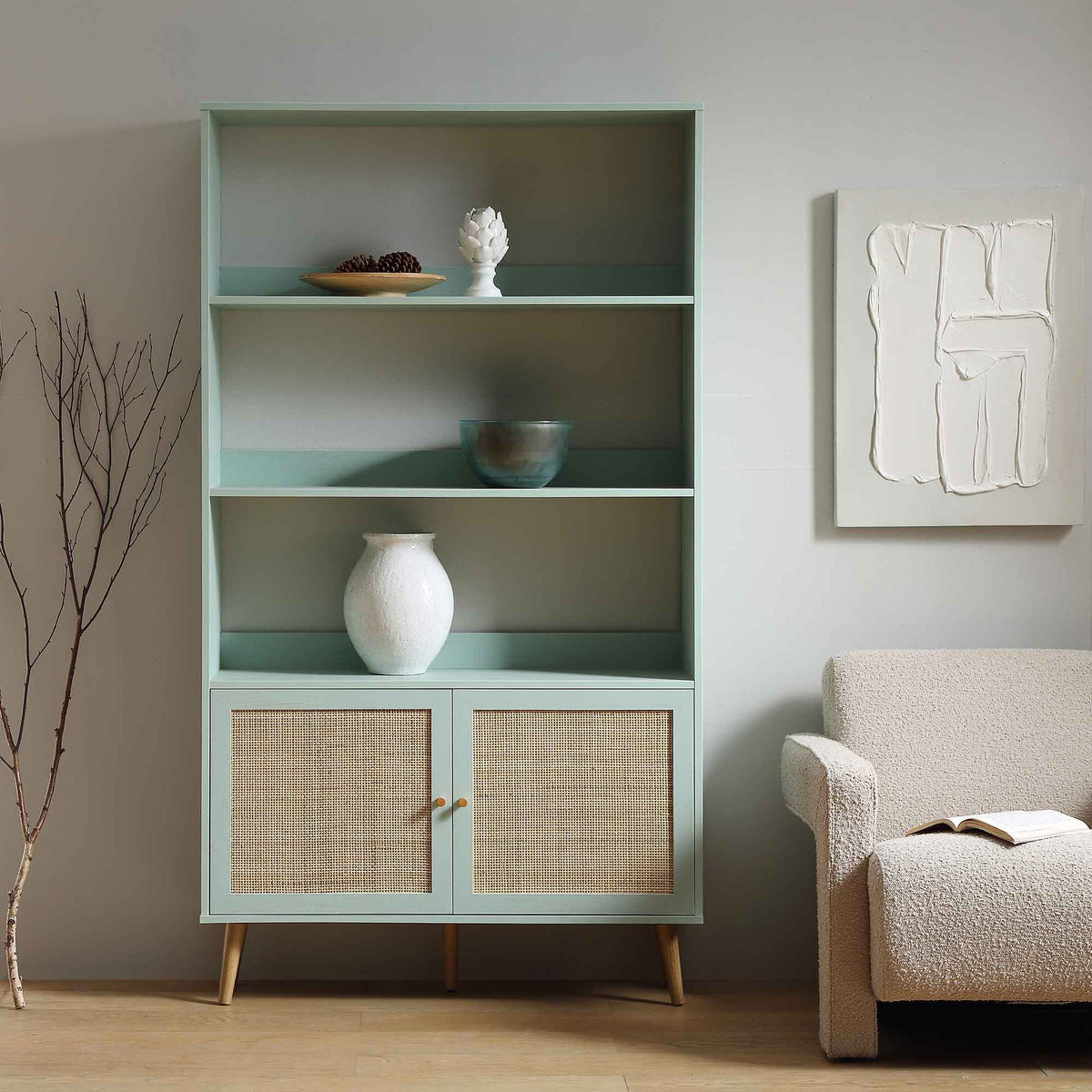 Bookcase Drawers Rattan Frances Woven Rattan Bookcase with Doors, Mint | daals