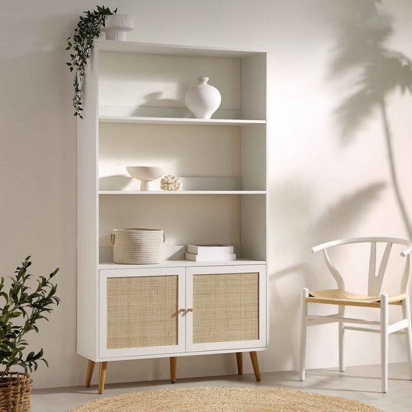 Frances Woven Rattan Bookcase with Doors, White