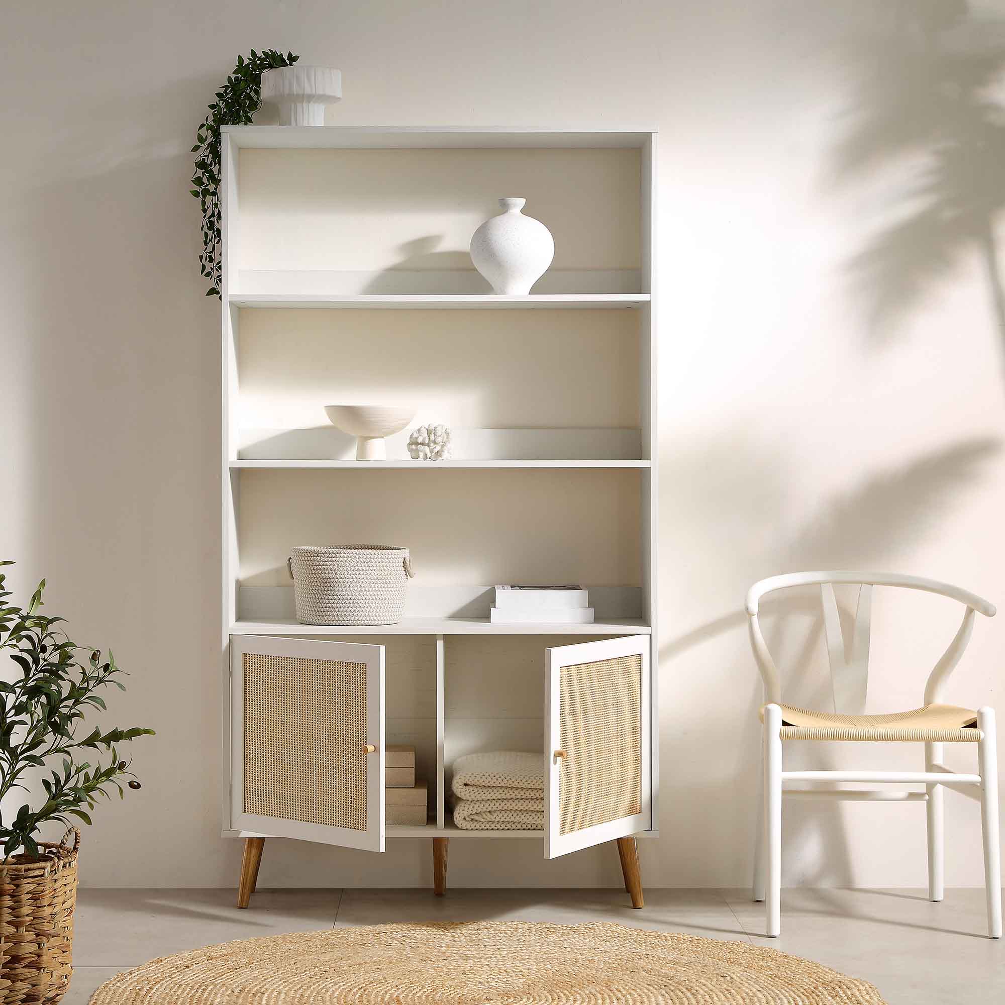 Bookcase Drawers Rattan Frances Woven Rattan Bookcase with Doors, White | daals