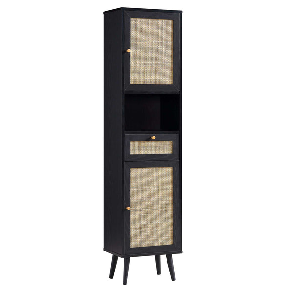 Frances Woven Rattan Tallboy Bathroom Unit, Black