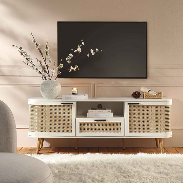 Izzy Curved Rattan 150cm TV Unit, White Izzy Curved Rattan 150cm TV Unit, White