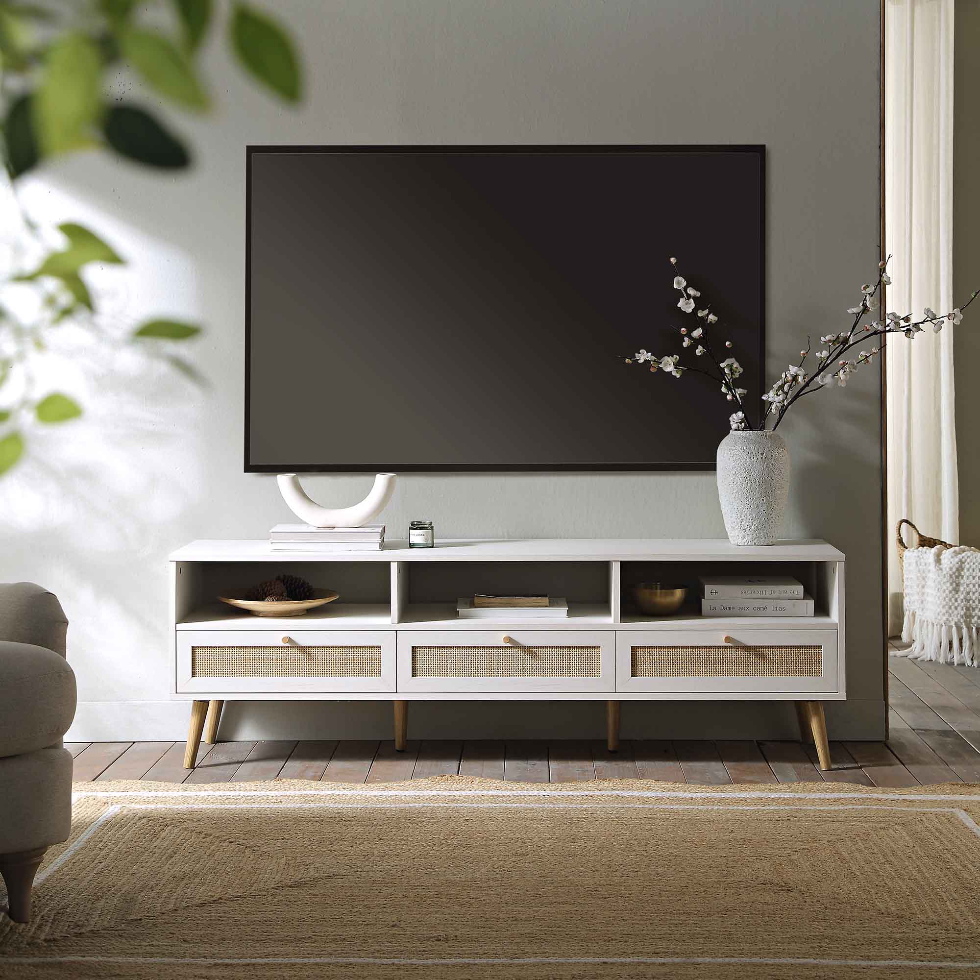 Frances Woven Rattan 160cm 3-Drawer TV Unit, White | daals