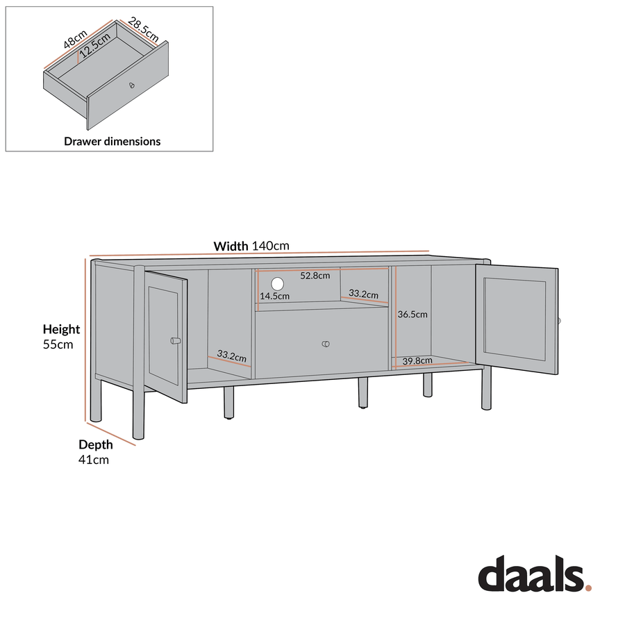 Linden 140cm TV Unit, White Washed - daals