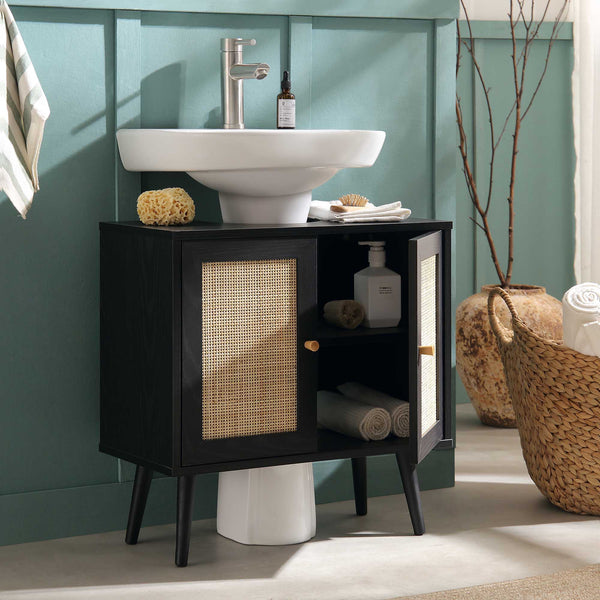 Frances Woven Rattan 2-Door Bathroom Undersink Unit, Black