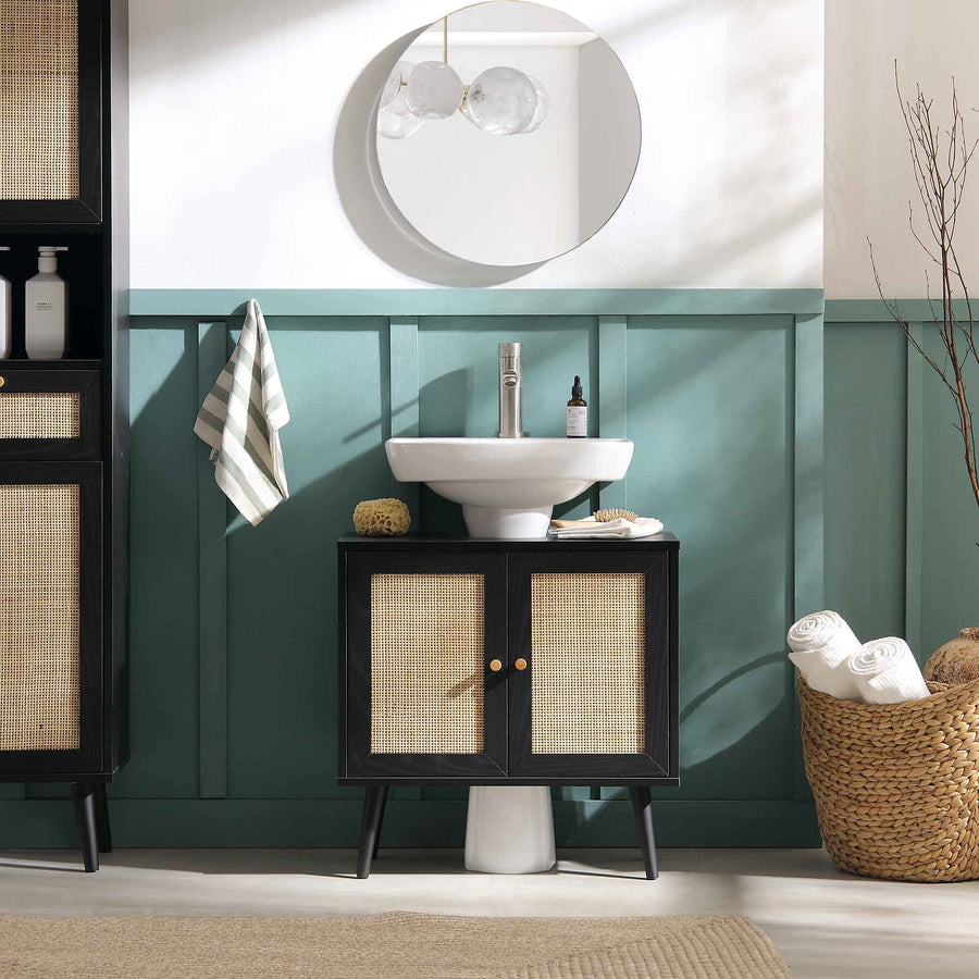 Frances Woven Rattan 2-Door Bathroom Undersink Unit, Black