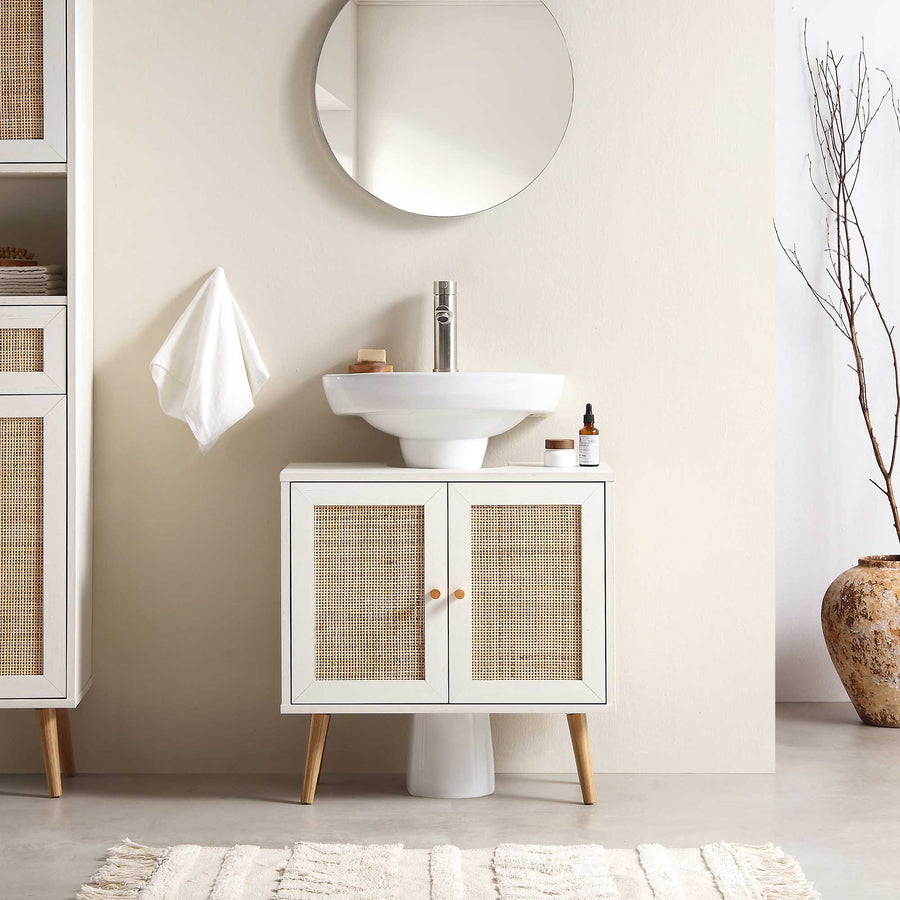 Frances Woven Rattan 2-Door Bathroom Undersink Unit, White
