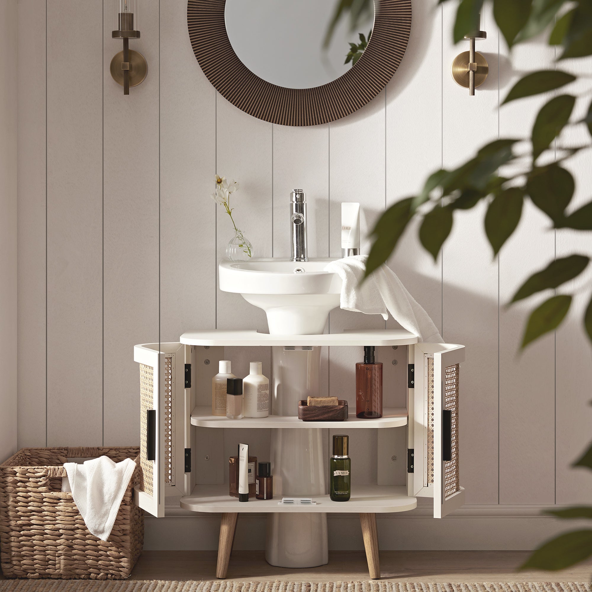 Izzy Curved Rattan Undersink Unit, White