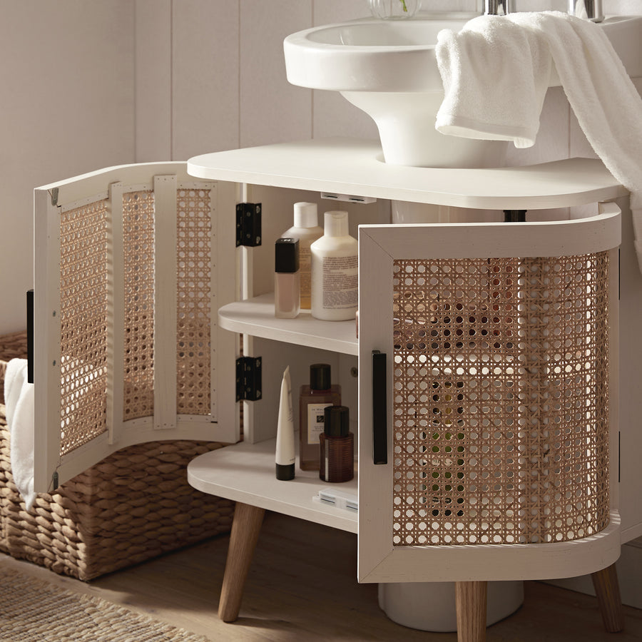 Izzy Curved Rattan Undersink Unit, White