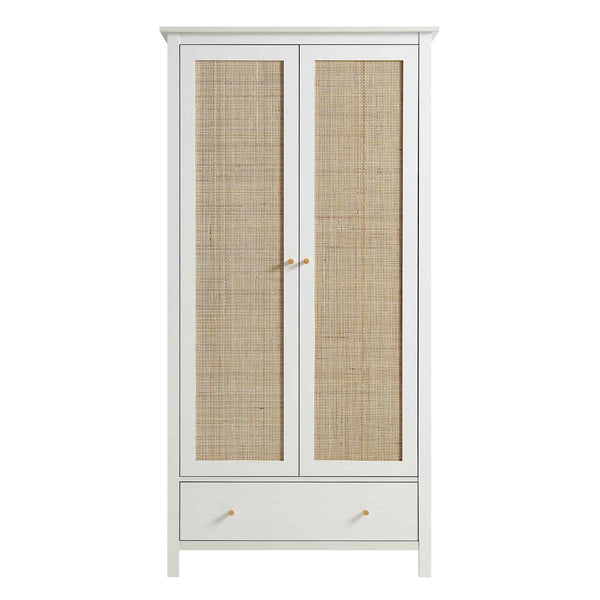 Frances Rattan Double Wardrobe with 1 Drawer, White