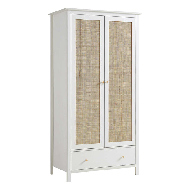 Frances Rattan Double Wardrobe with 1 Drawer, White