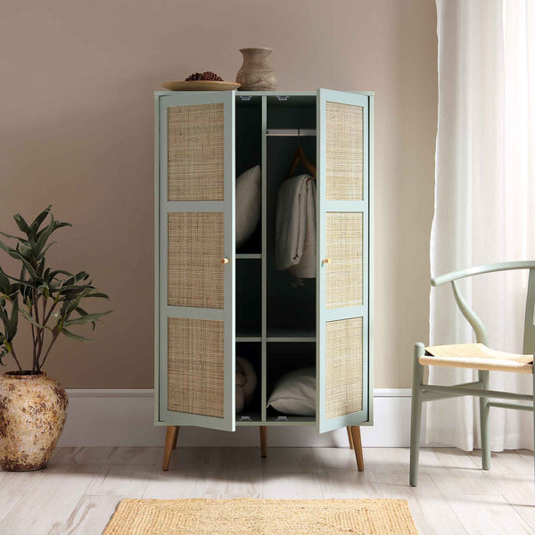 Frances Woven Rattan Compact Double Wardrobe, Mint Green