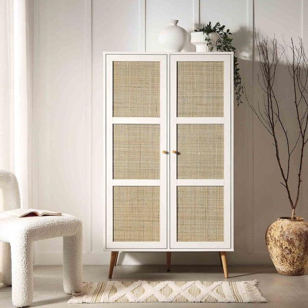 Frances Woven Rattan Compact Double Wardrobe, White