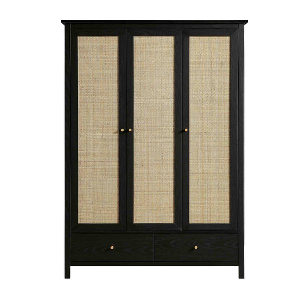 Frances Rattan Triple Wardrobe with 2 Drawers, Black