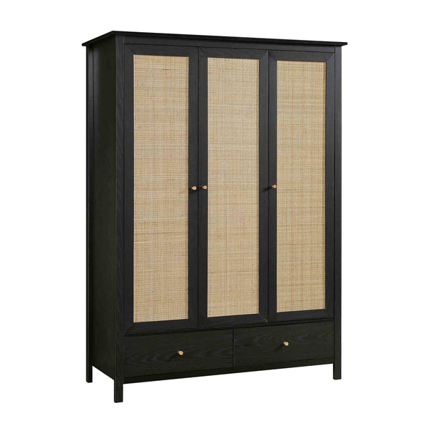 Frances Rattan Triple Wardrobe with 2 Drawers, Black
