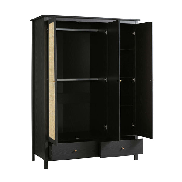 Frances Rattan Triple Wardrobe with 2 Drawers, Black