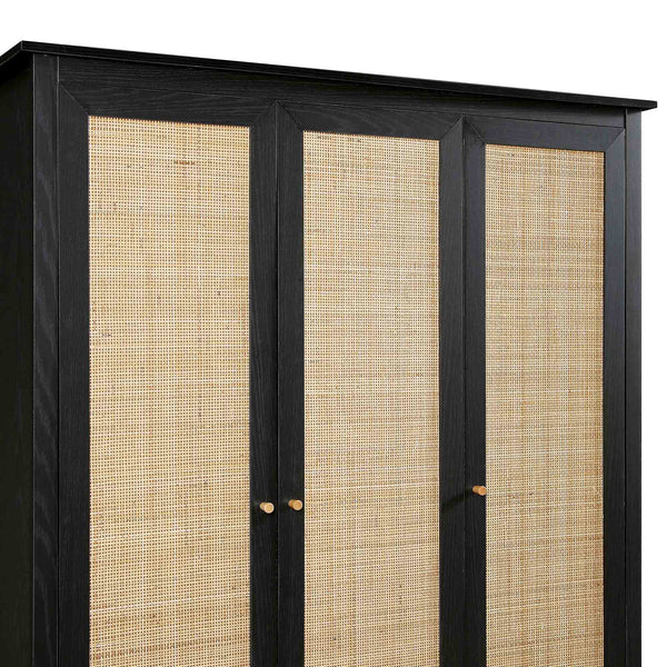 Frances Rattan Triple Wardrobe with 2 Drawers, Black