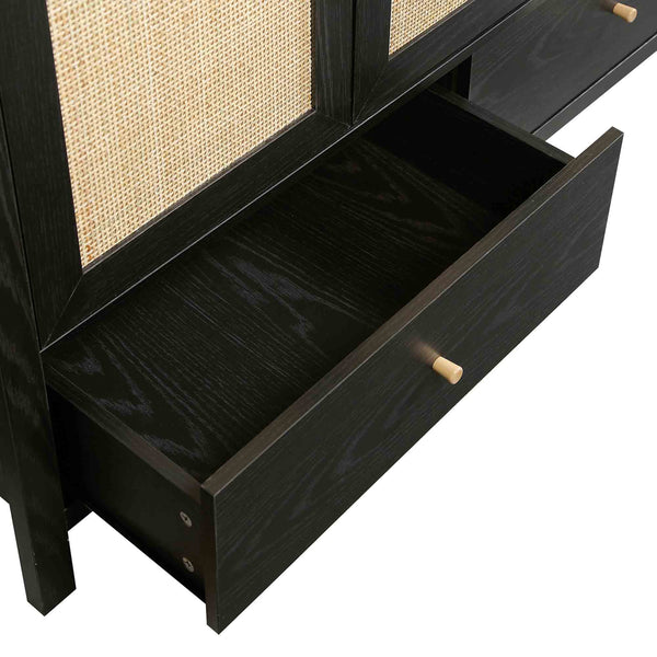 Frances Rattan Triple Wardrobe with 2 Drawers, Black