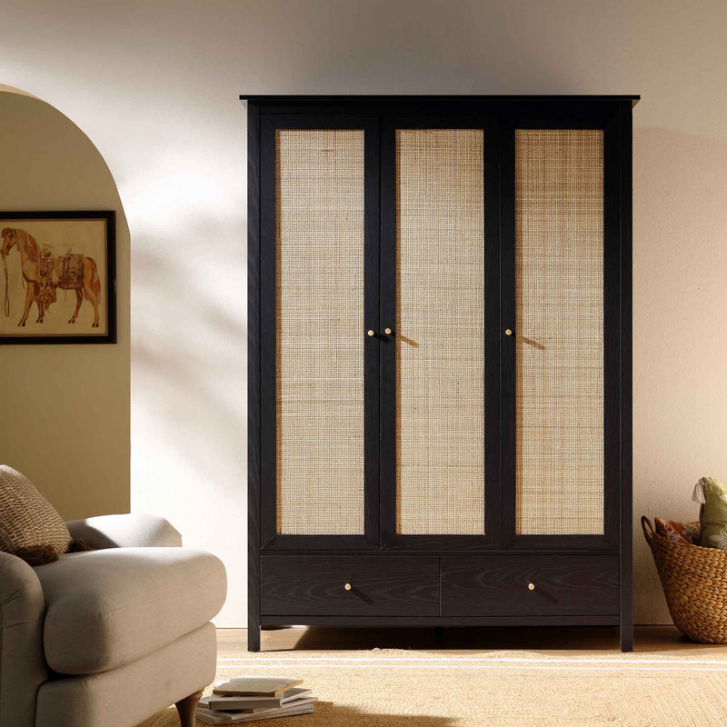 Frances Rattan Triple Wardrobe with 2 Drawers, Black