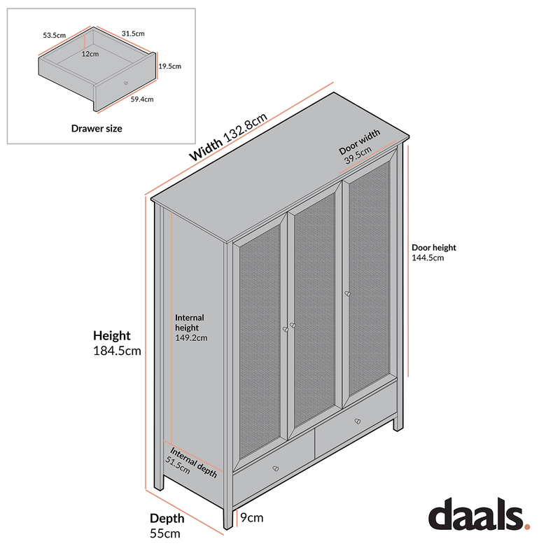 Frances Rattan Triple Wardrobe with 2 Drawers, Mint