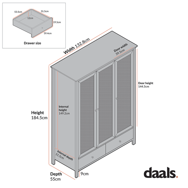 Frances Rattan Triple Wardrobe with 2 Drawers, Natural