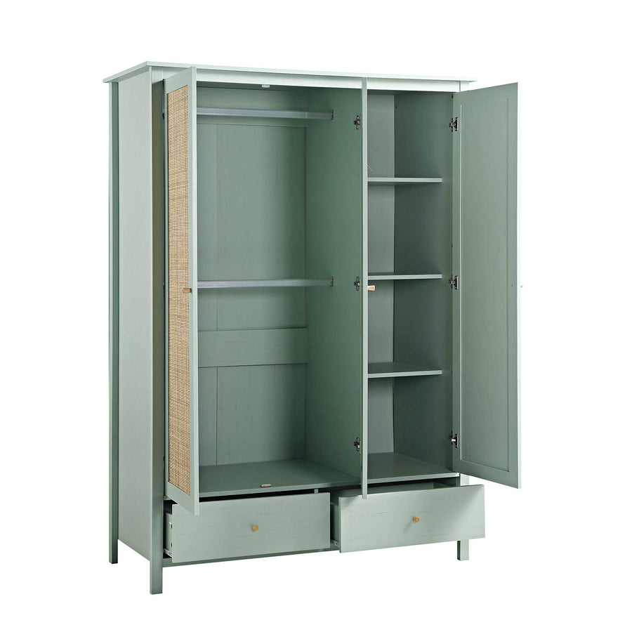 Frances Rattan Triple Wardrobe with 2 Drawers, Mint