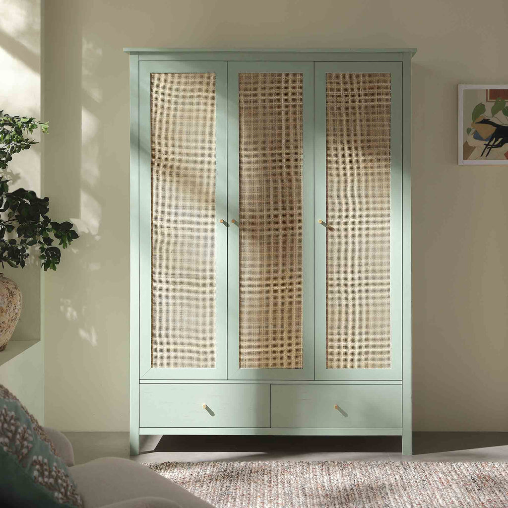 Frances Rattan Triple Wardrobe with 2 Drawers, Mint | daals
