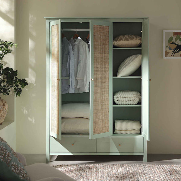 Frances Rattan Triple Wardrobe with 2 Drawers, Mint