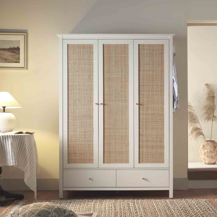 Frances Rattan Triple Wardrobe with 2 Drawers, White