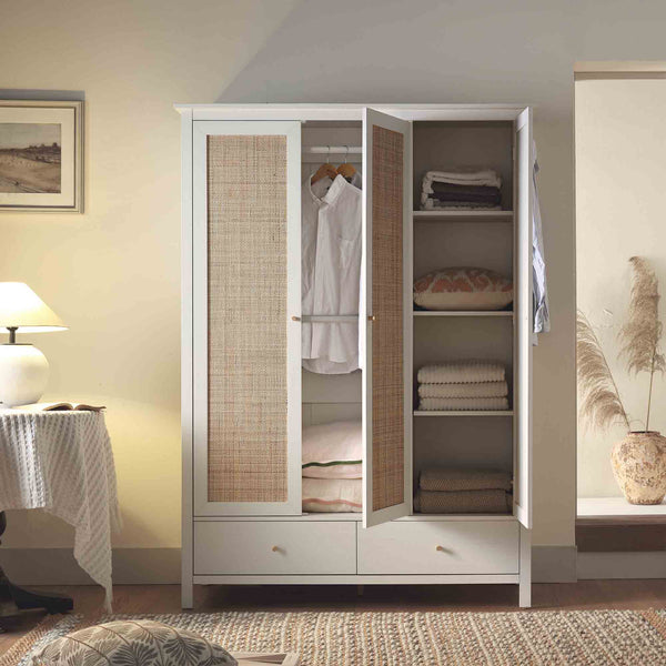 Frances Rattan Triple Wardrobe with 2 Drawers, White