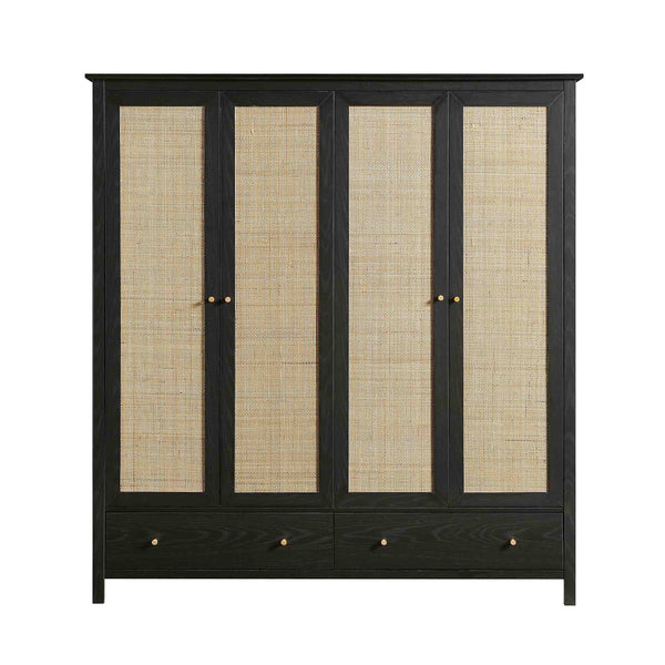 Frances Rattan 4-Door Wardrobe with 2 Drawers, Black
