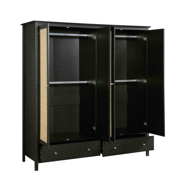 Frances Rattan 4-Door Wardrobe with 2 Drawers, Black