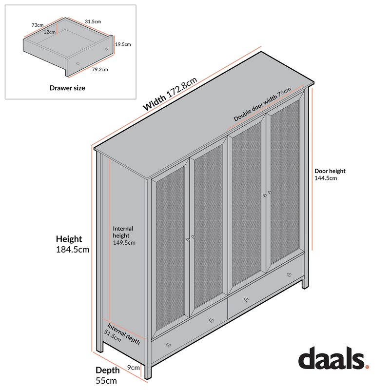 Frances Rattan 4-Door Wardrobe with 2 Drawers, White
