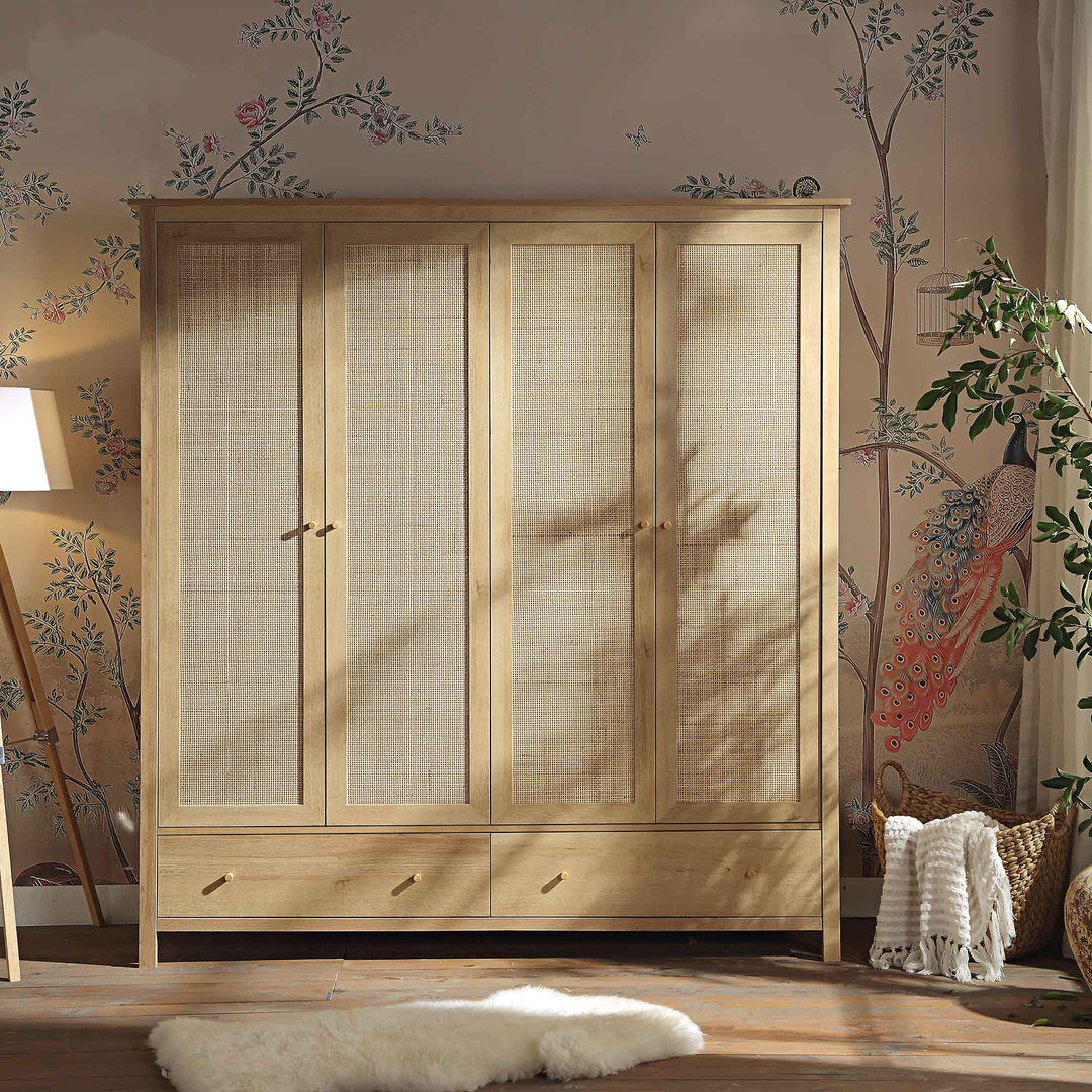 Frances Rattan 4-Door Wardrobe with 2 Drawers, Natural | daals