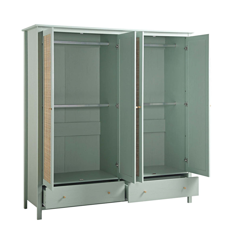Frances Rattan 4-Door Wardrobe with 2 Drawers, Mint