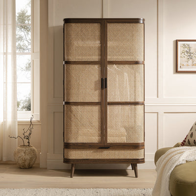 Izzy Curved Rattan Double Wardrobe, Walnut