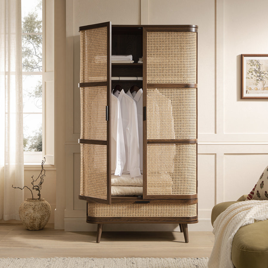 Izzy Curved Rattan Double Wardrobe, Walnut