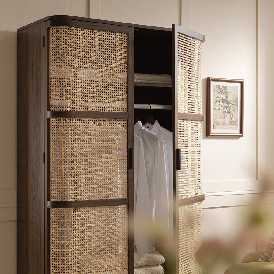 Izzy Curved Rattan Double Wardrobe, Walnut