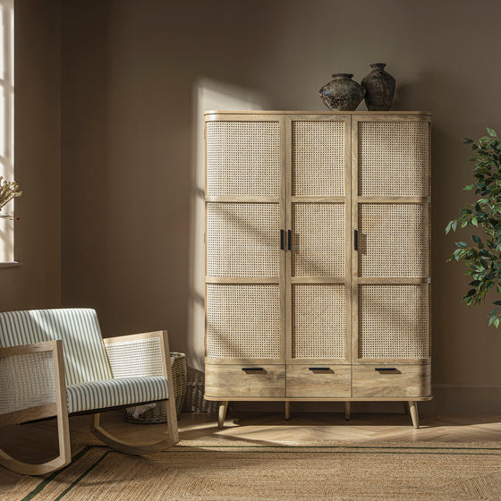 Izzy Curved Rattan Triple Wardrobe, Natural