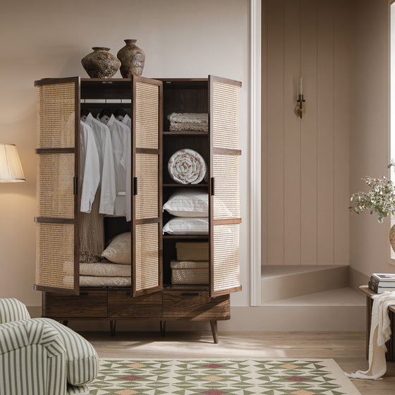 Izzy Curved Rattan Triple Wardrobe, Walnut
