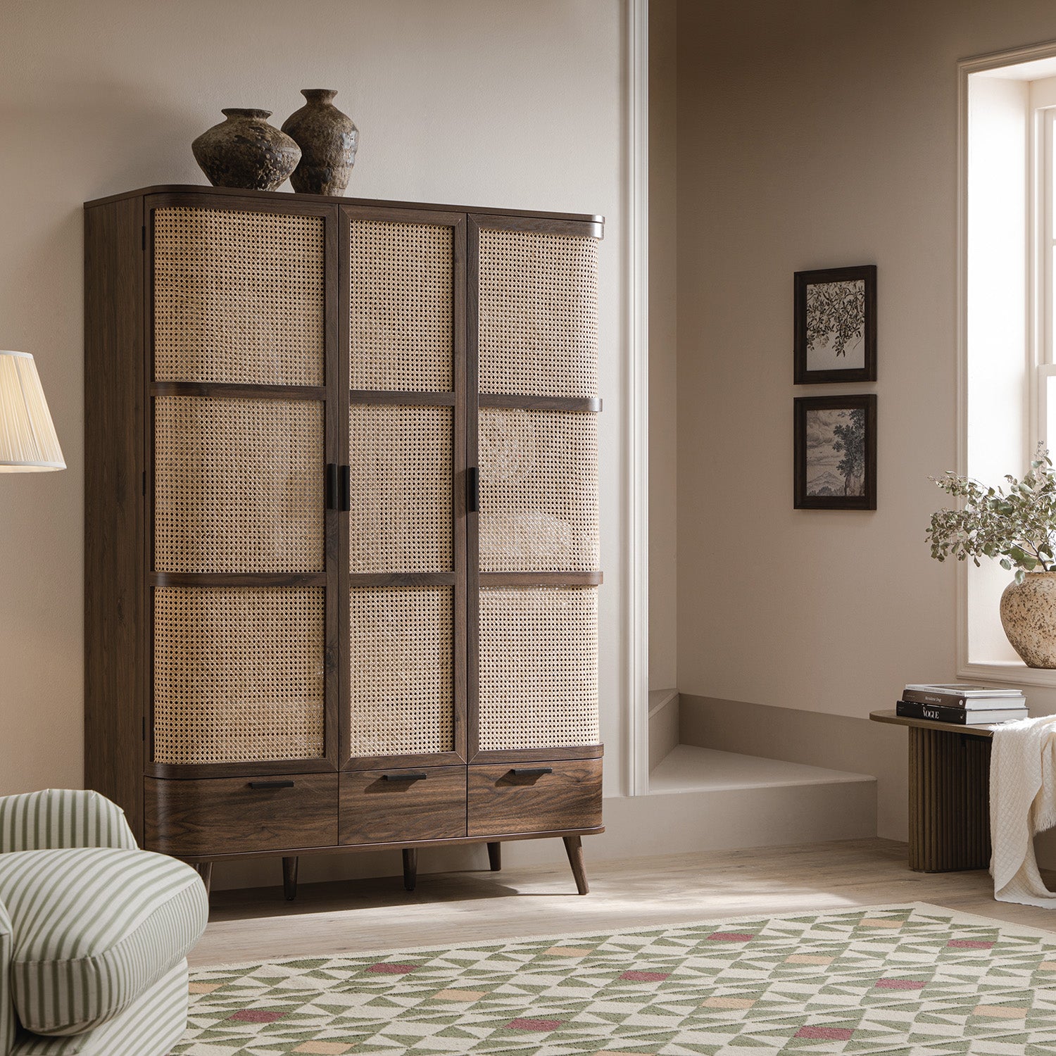 Izzy Curved Rattan Triple Wardrobe, Walnut | daals Izzy Curved Rattan Triple Wardrobe, Walnut | daals