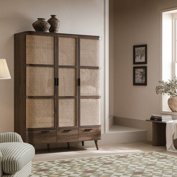 Izzy Curved Rattan Triple Wardrobe, Walnut