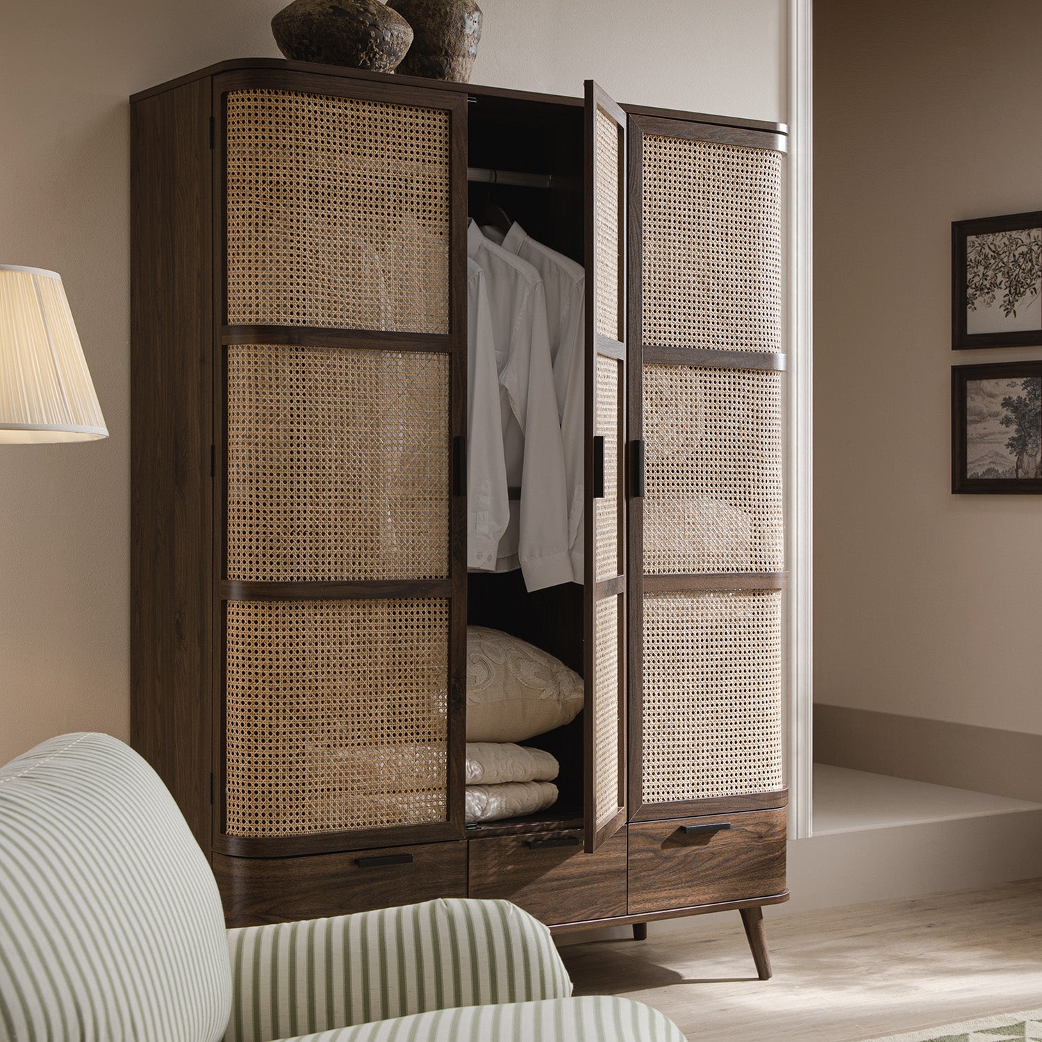 Izzy Curved Rattan Triple Wardrobe, Walnut