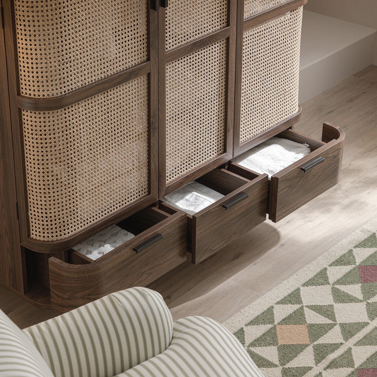 Izzy Curved Rattan Triple Wardrobe, Walnut Izzy Curved Rattan Triple Wardrobe, Walnut