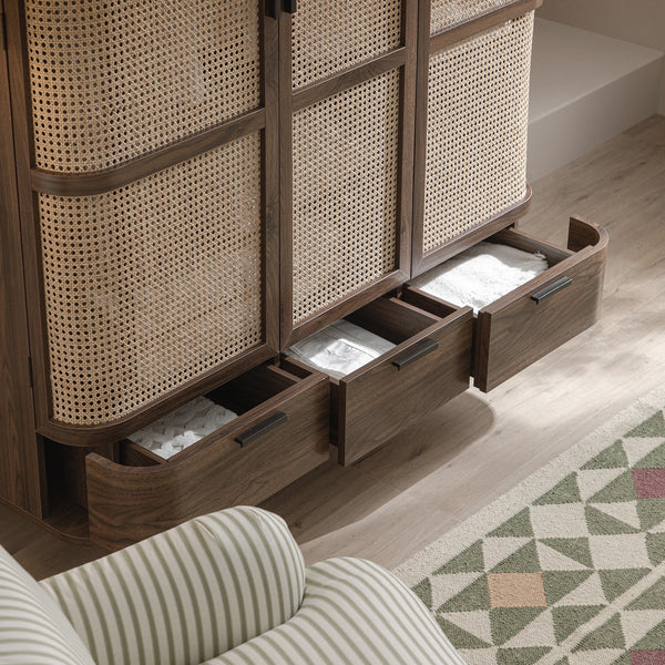 Izzy Curved Rattan Triple Wardrobe, Walnut