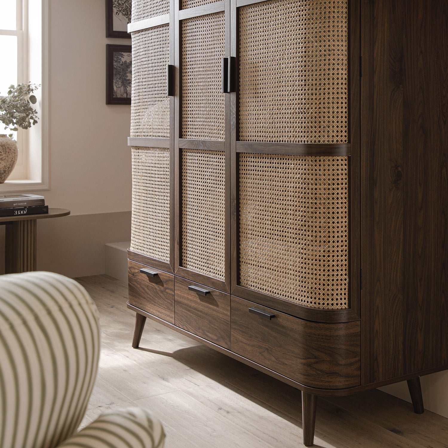 Izzy Curved Rattan Triple Wardrobe, Walnut